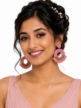 Kay Lee New York Pink Gold Beaded Geometric Statement Earrings